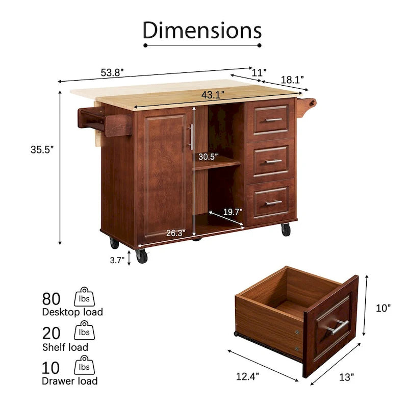 Mobile Kitchen Island Cart With 2 Drawers