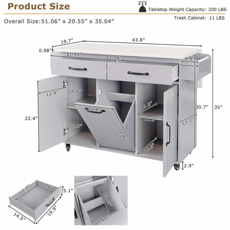 Kitchen Island with Trash Can Storage and Adjustable Shelf
