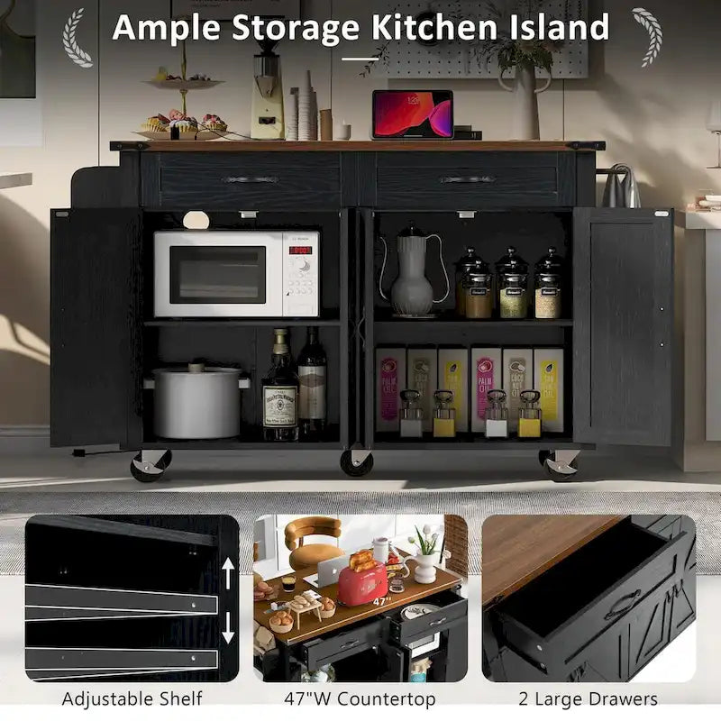 53.5" Large Kitchen Island with Power Outlet & Wheels