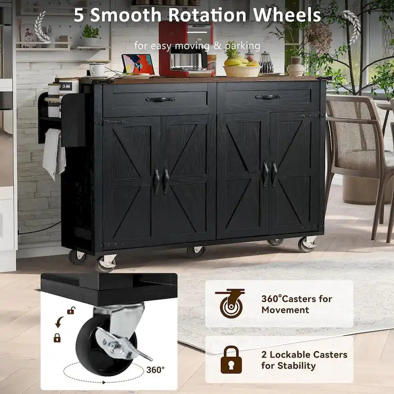53.5" Large Kitchen Island with Power Outlet & Wheels