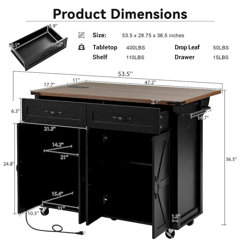 53.5" Large Kitchen Island with Power Outlet & Wheels
