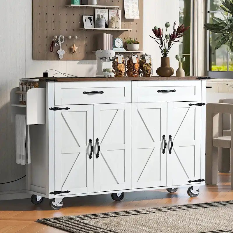 53.5" Large Kitchen Island with Power Outlet & Wheels