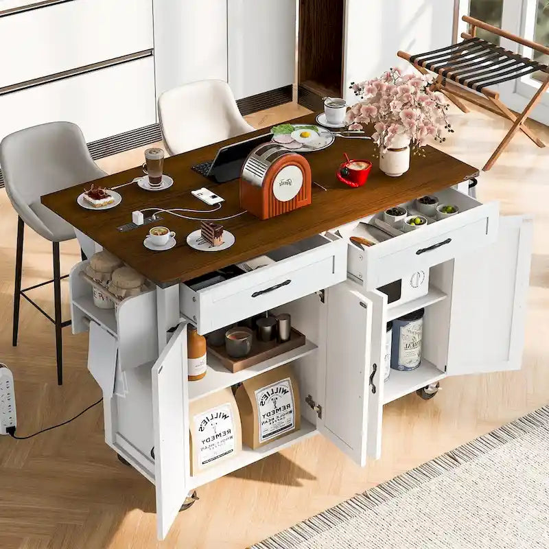 53.5" Large Kitchen Island with Power Outlet & Wheels