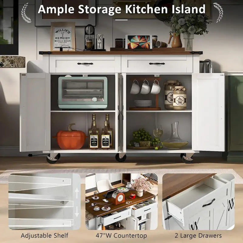 53.5" Large Kitchen Island with Power Outlet & Wheels