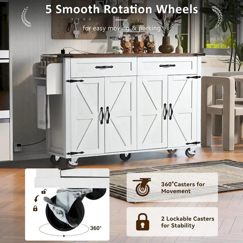53.5" Large Kitchen Island with Power Outlet & Wheels