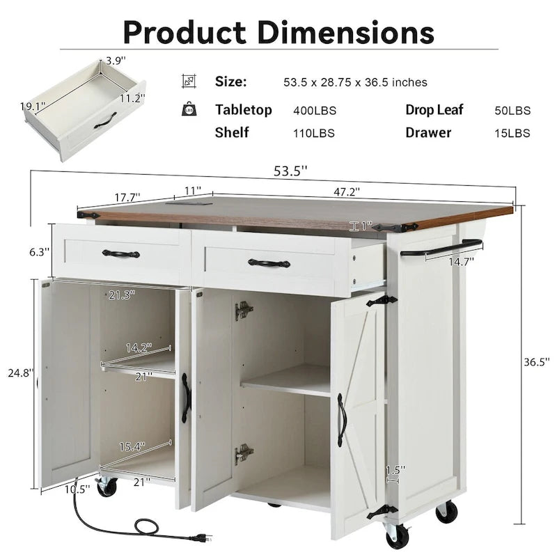 53.5" Large Kitchen Island with Power Outlet & Wheels