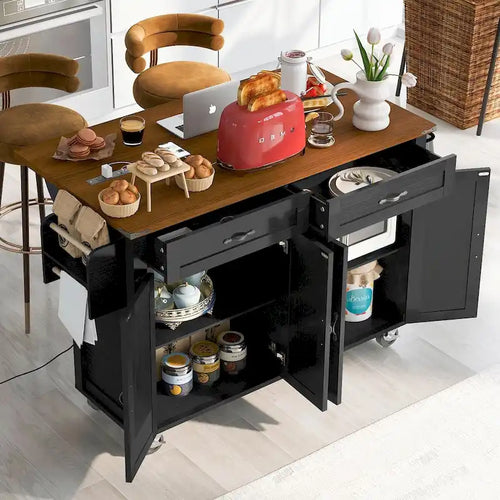Farmhouse Kitchen Island with Power Outlet, Drop Leaf & Rolling Wheels