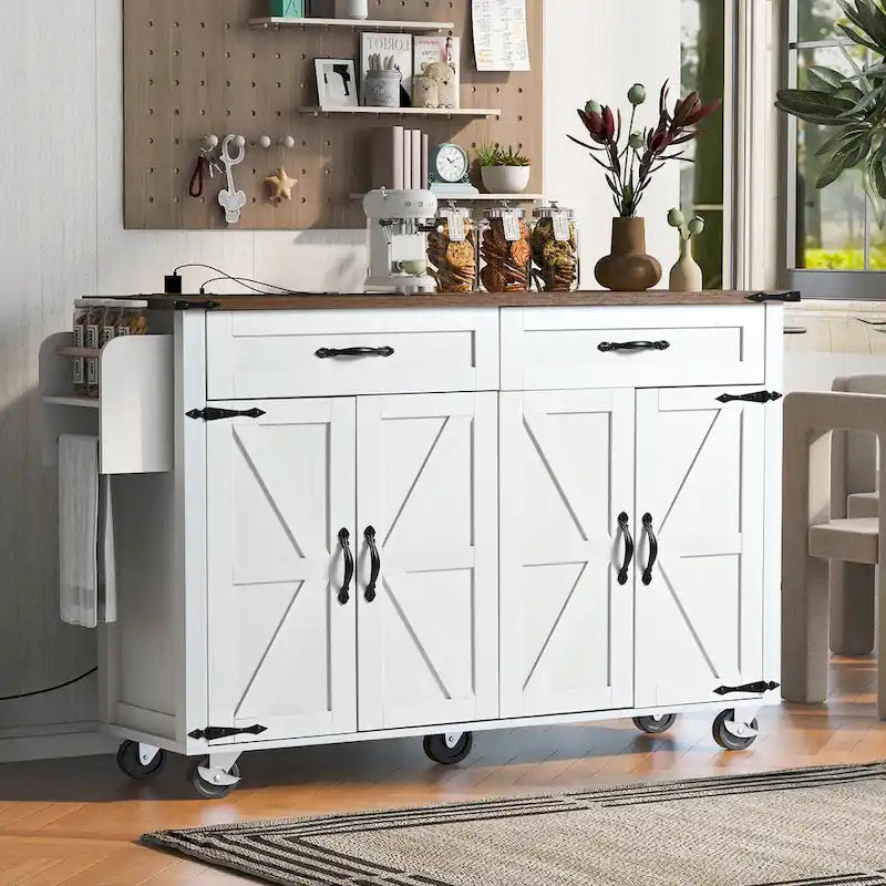 Farmhouse Kitchen Island with Power Outlet, Drop Leaf & Rolling Wheels
