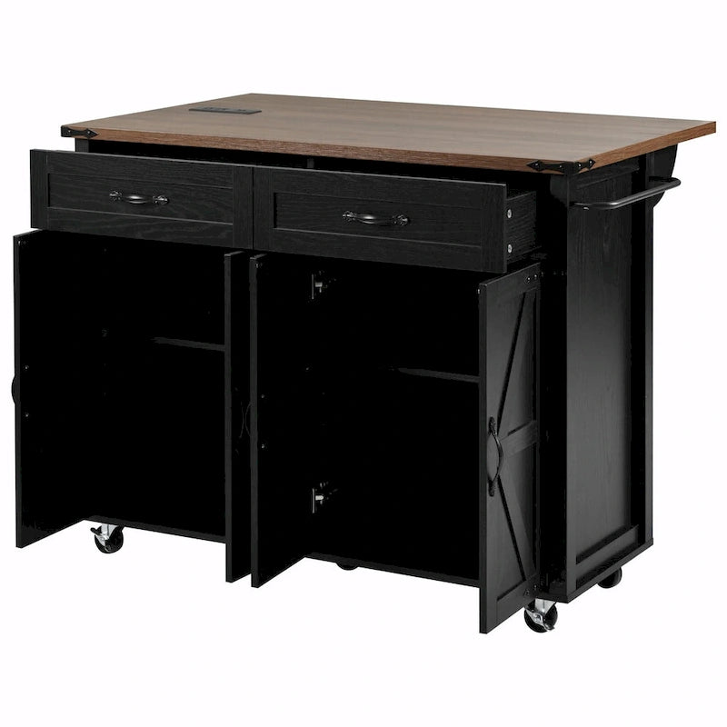 Farmhouse Kitchen Island with Power Outlet, Drop Leaf & Rolling Wheels