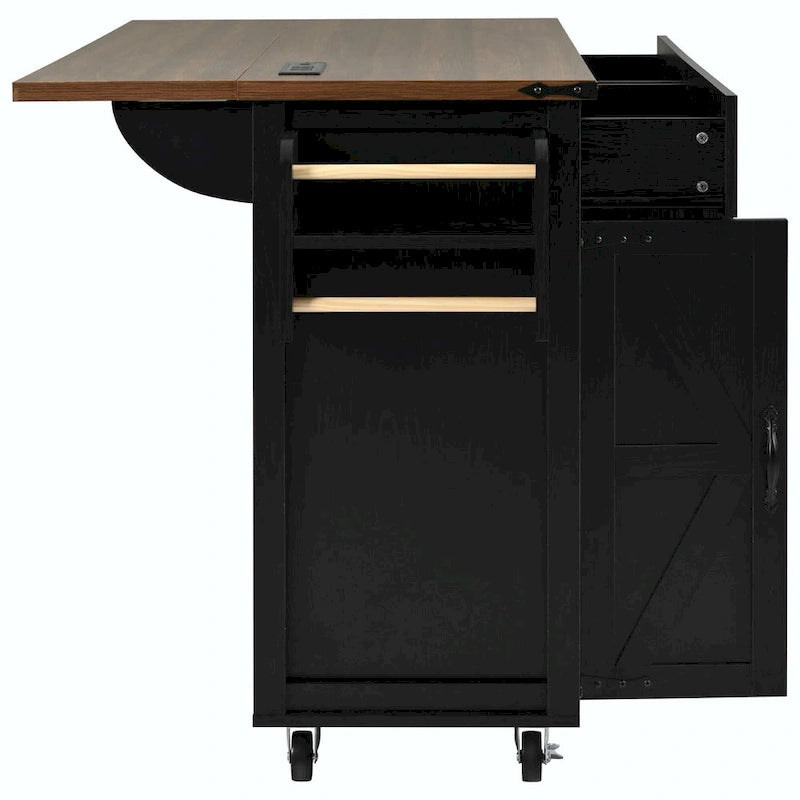 Farmhouse Kitchen Island with Power Outlet, Drop Leaf & Rolling Wheels