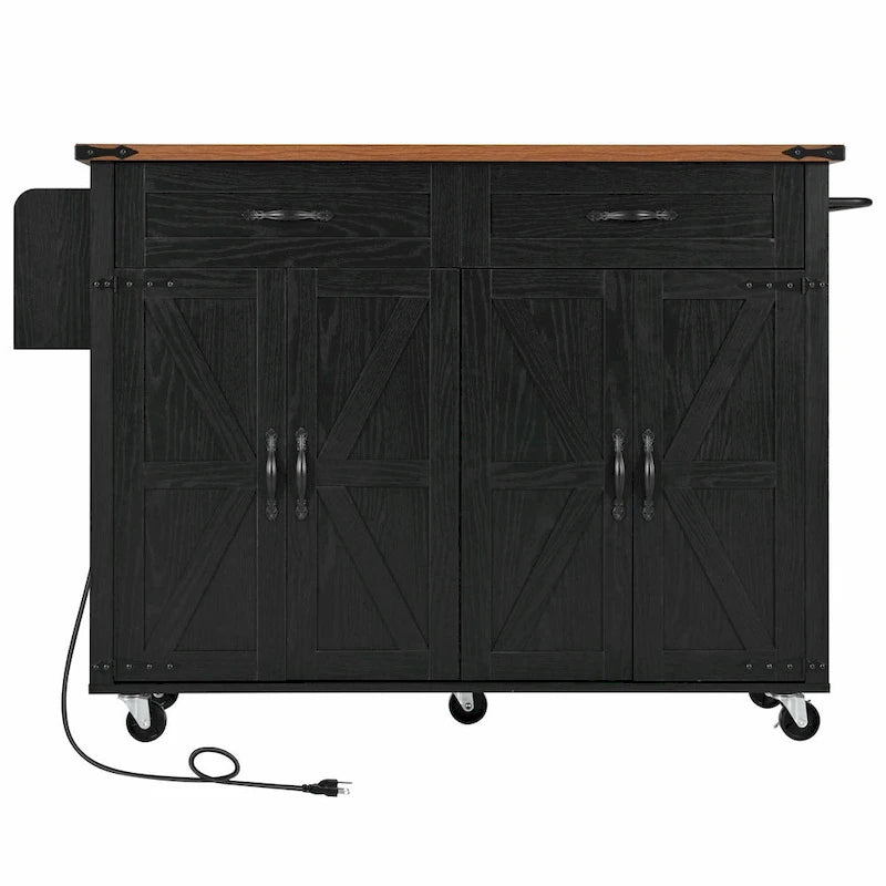 Farmhouse Kitchen Island with Power Outlet, Drop Leaf & Rolling Wheels