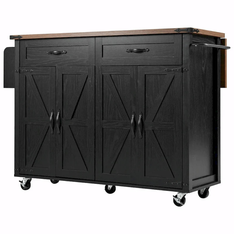 Farmhouse Kitchen Island with Power Outlet, Drop Leaf & Rolling Wheels
