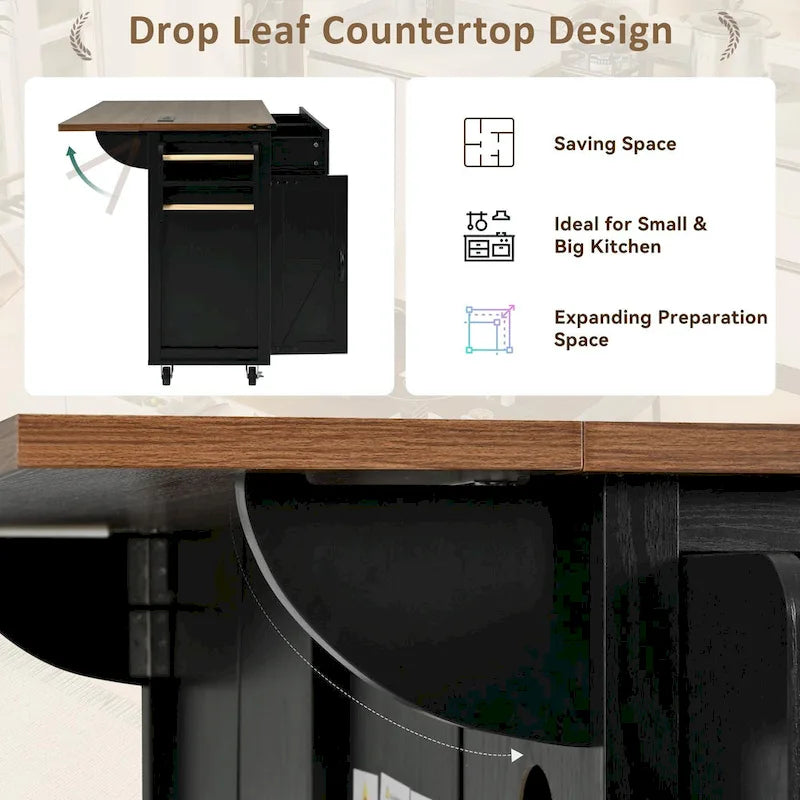 Farmhouse Kitchen Island with Power Outlet, Drop Leaf & Rolling Wheels