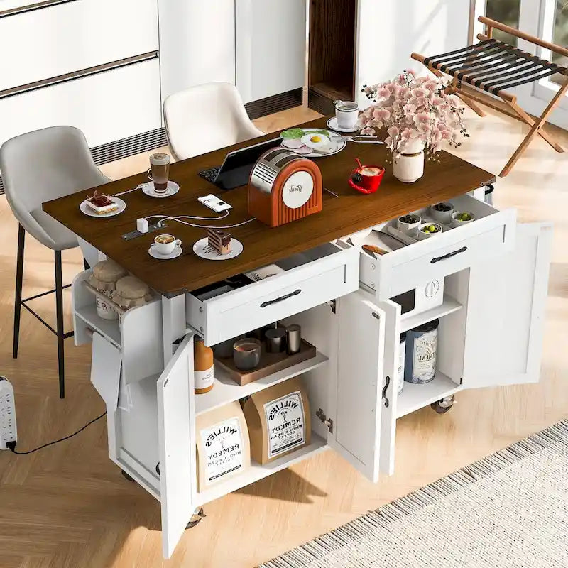 Farmhouse Kitchen Island with Power Outlet, Drop Leaf & Rolling Wheels