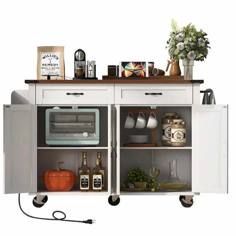 Farmhouse Kitchen Island with Power Outlet, Drop Leaf & Rolling Wheels
