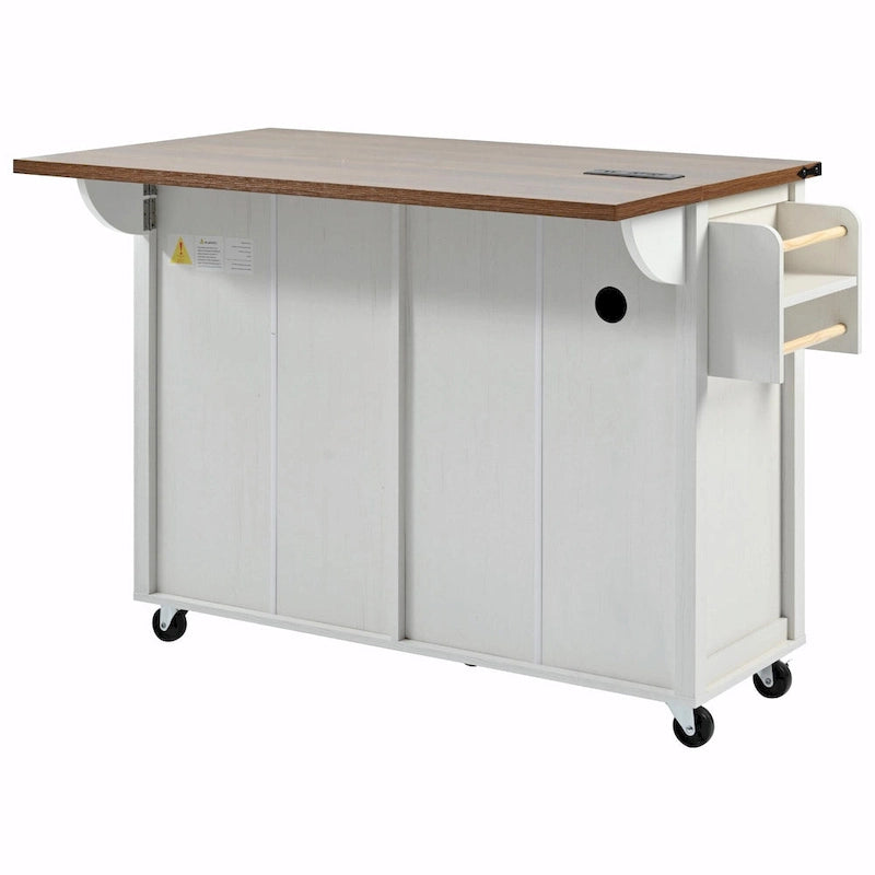 Farmhouse Kitchen Island with Power Outlet, Drop Leaf & Rolling Wheels