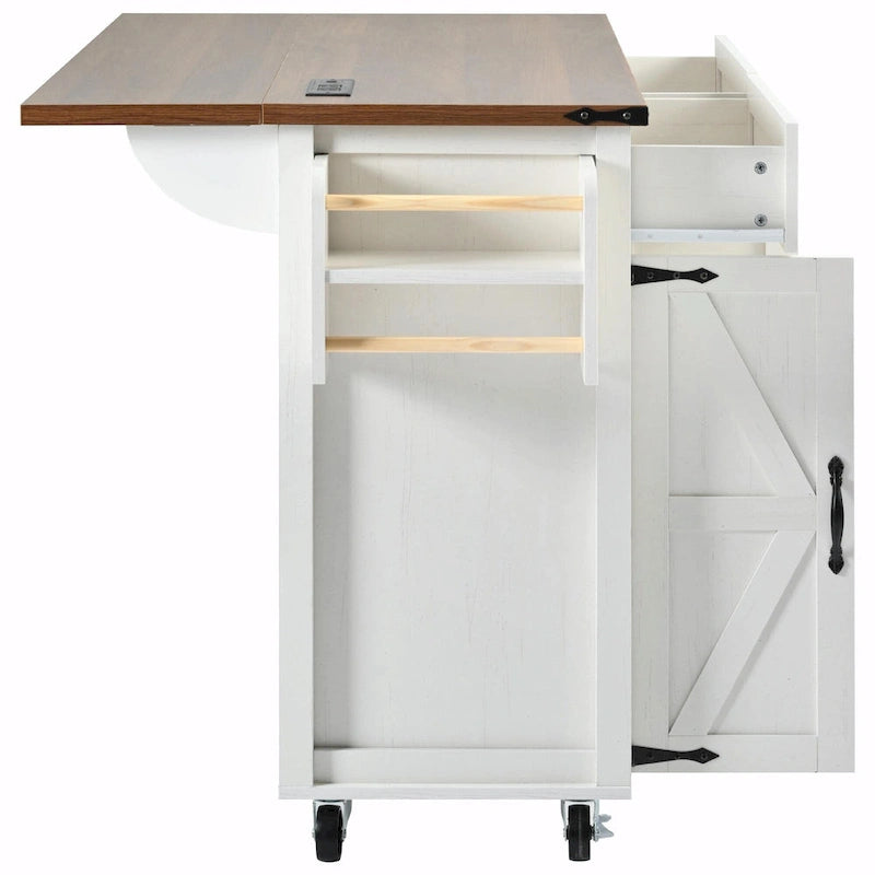 Farmhouse Kitchen Island with Power Outlet, Drop Leaf & Rolling Wheels