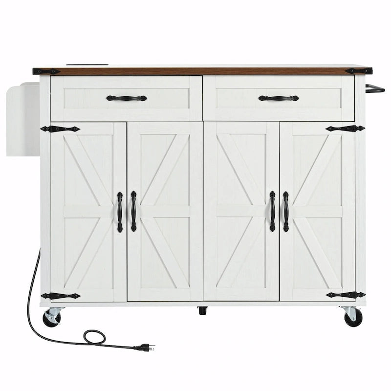 Farmhouse Kitchen Island with Power Outlet, Drop Leaf & Rolling Wheels