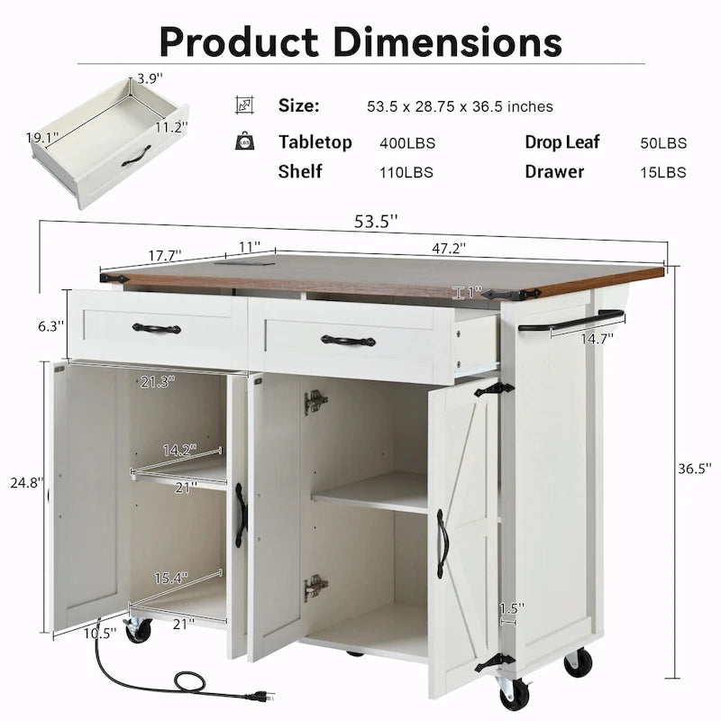 Farmhouse Kitchen Island with Power Outlet, Drop Leaf & Rolling Wheels