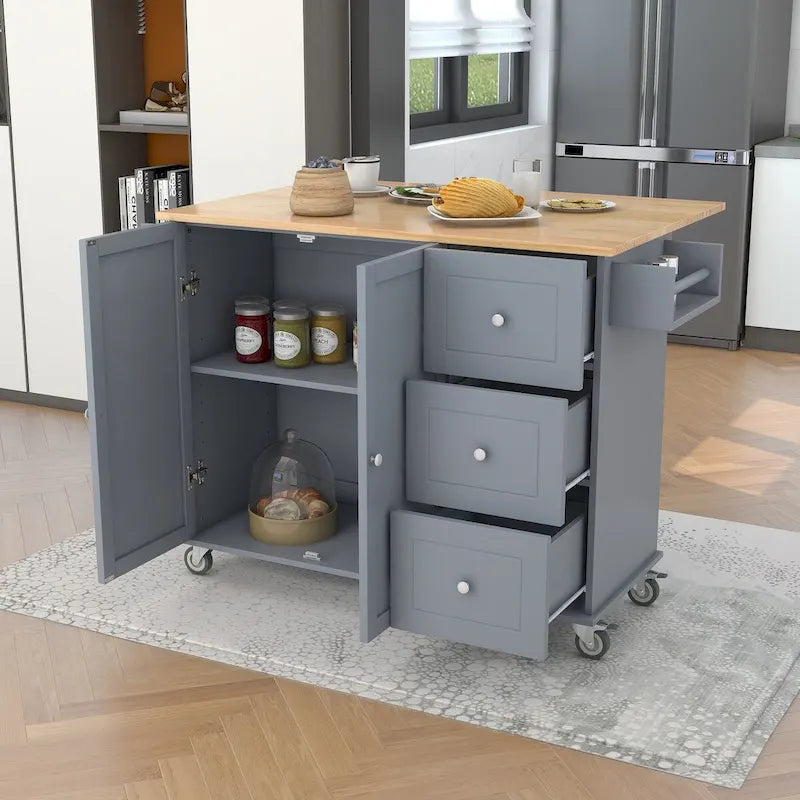 Rolling Mobile Kitchen Island with Drop Leaf & Storage Cabinet