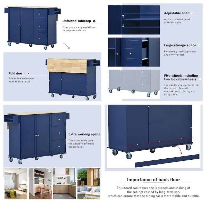 Rolling Mobile Kitchen Island with Drop Leaf & Storage Cabinet