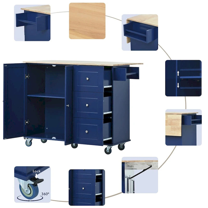 Rolling Mobile Kitchen Island with Drop Leaf & Storage Cabinet