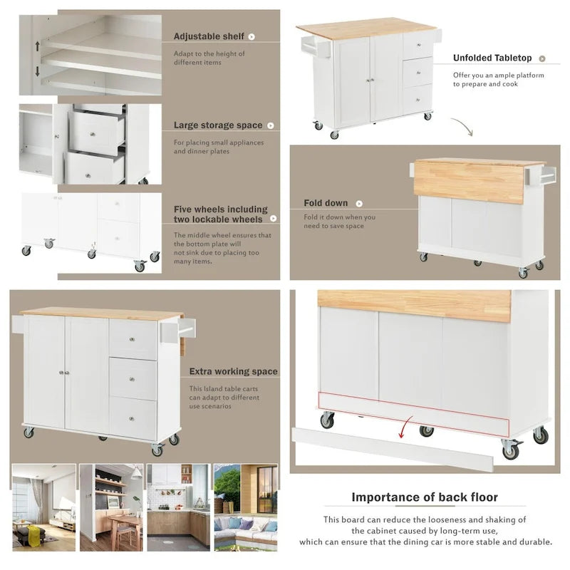 Rolling Mobile Kitchen Island with Drop Leaf & Storage Cabinet