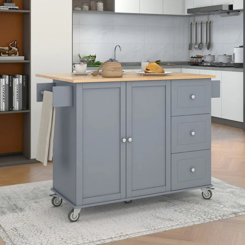 Rolling Mobile Kitchen Island with Drop Leaf & Storage Cabinet