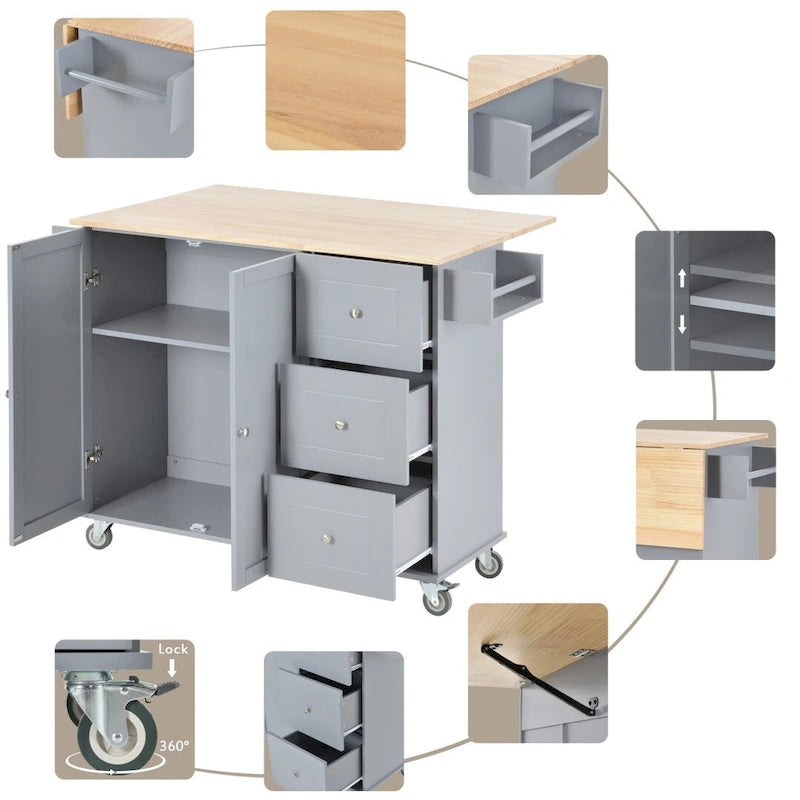 Rolling Mobile Kitchen Island with Drop Leaf & Storage Cabinet