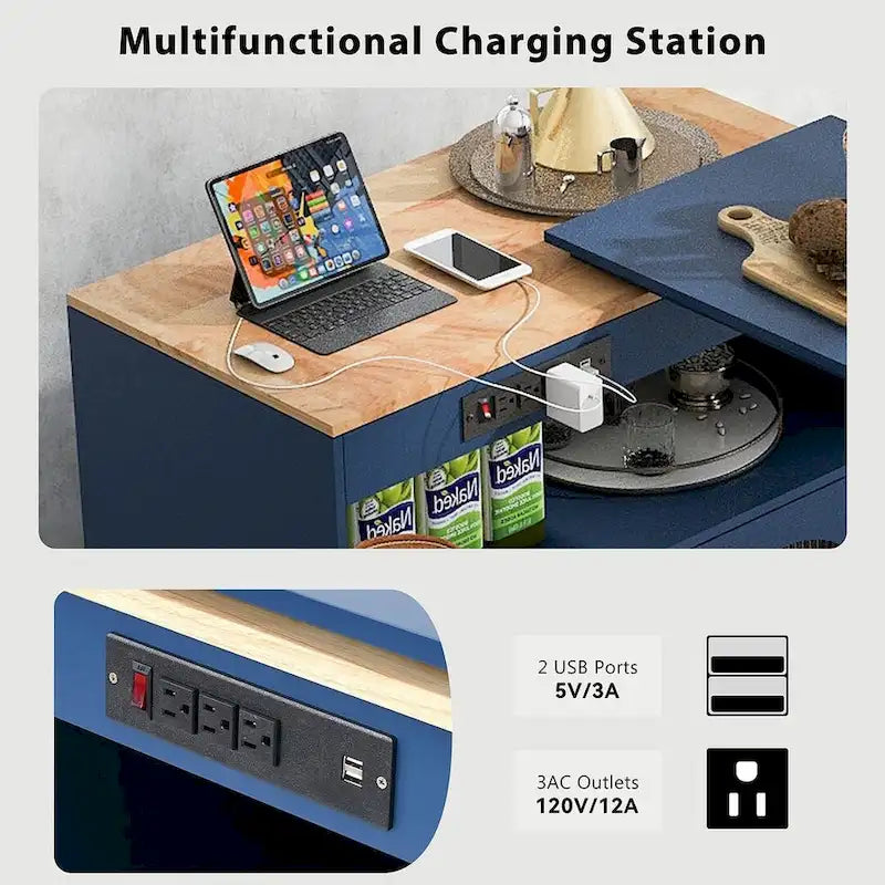 Kitchen Island Cart with Extended Table and Power Outlets