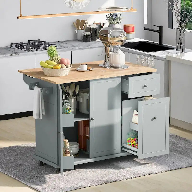 53.9 in. W Kitchen Island with Drop-Leaf Countertop, 5 Wheels, Internal Storage Rack and 3-Tier Pull-Out Cabinet