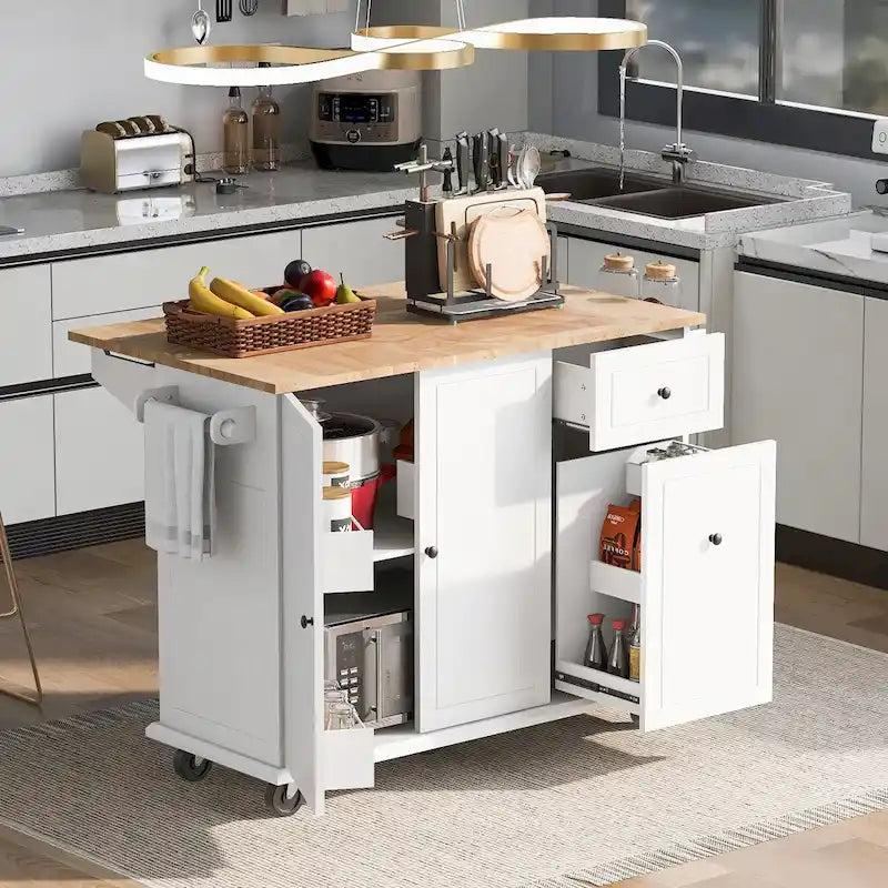 53.9 in. W Kitchen Island with Drop-Leaf Countertop, 5 Wheels, Internal Storage Rack and 3-Tier Pull-Out Cabinet