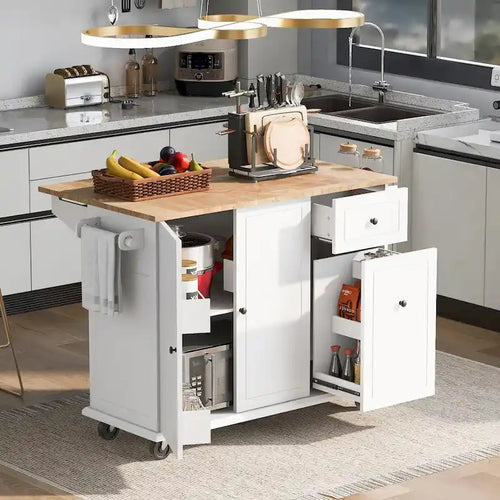 53.9 in. W Kitchen Island with Drop-Leaf Countertop, 5 Wheels, Internal Storage Rack and 3-Tier Pull-Out Cabinet
