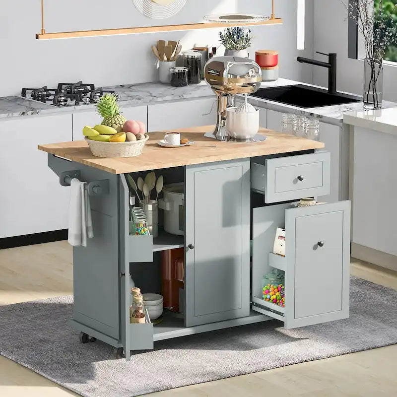 53.9 in. W Kitchen Island with Drop-Leaf Countertop, 5 Wheels, Internal Storage Rack and 3-Tier Pull-Out Cabinet