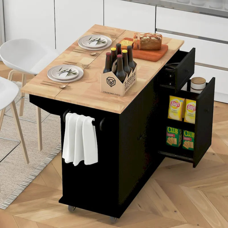53.9 in. W Kitchen Island with Drop-Leaf Countertop, 5 Wheels, Internal Storage Rack and 3-Tier Pull-Out Cabinet