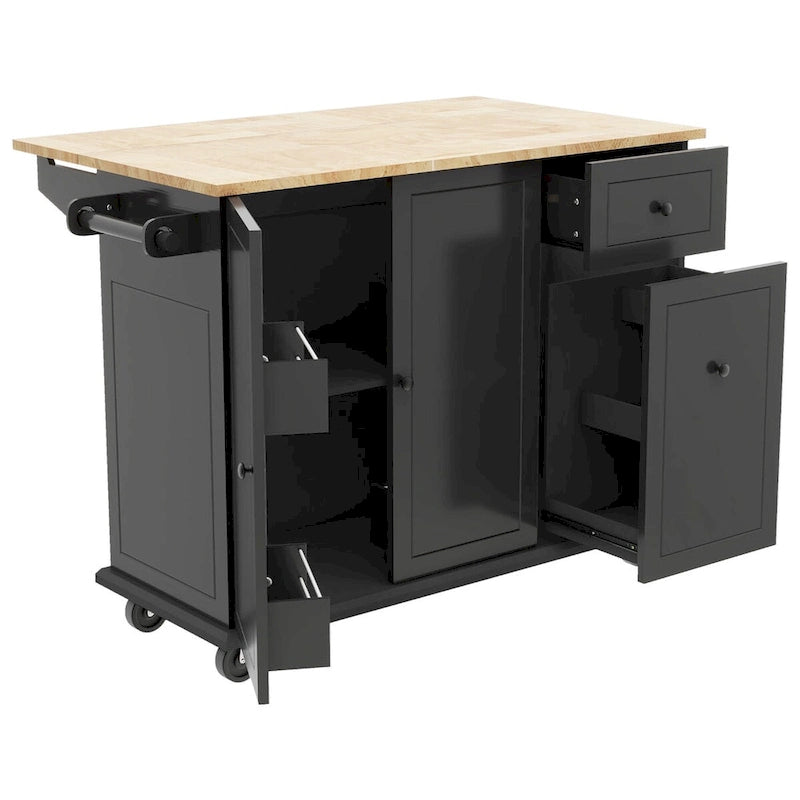 53.9 in. W Kitchen Island with Drop-Leaf Countertop, 5 Wheels, Internal Storage Rack and 3-Tier Pull-Out Cabinet