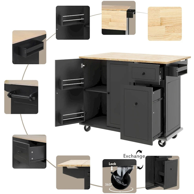 53.9 in. W Kitchen Island with Drop-Leaf Countertop, 5 Wheels, Internal Storage Rack and 3-Tier Pull-Out Cabinet