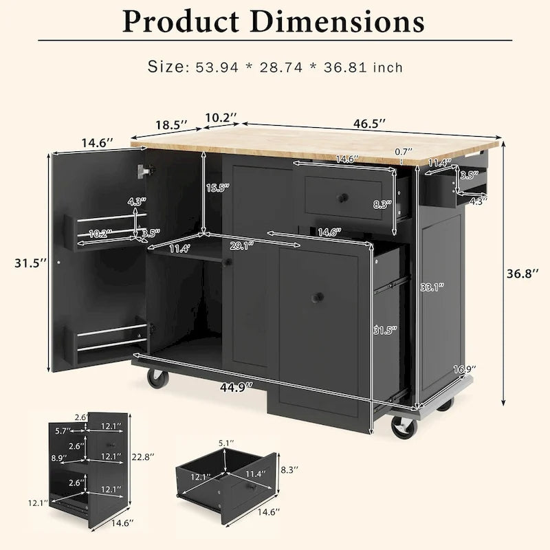 53.9 in. W Kitchen Island with Drop-Leaf Countertop, 5 Wheels, Internal Storage Rack and 3-Tier Pull-Out Cabinet