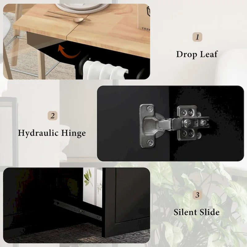 53.9 in. W Kitchen Island with Drop-Leaf Countertop, 5 Wheels, Internal Storage Rack and 3-Tier Pull-Out Cabinet