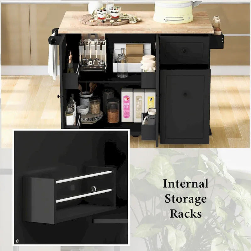 53.9 in. W Kitchen Island with Drop-Leaf Countertop, 5 Wheels, Internal Storage Rack and 3-Tier Pull-Out Cabinet