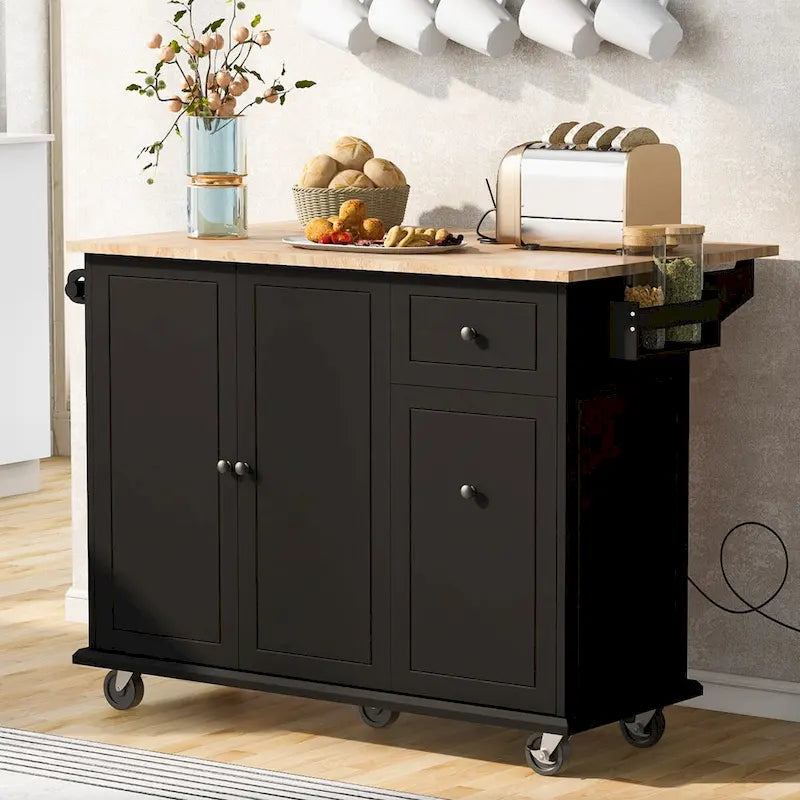 53.9 in. W Kitchen Island with Drop-Leaf Countertop, 5 Wheels, Internal Storage Rack and 3-Tier Pull-Out Cabinet