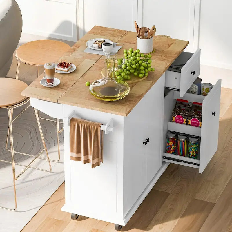53.9 in. W Kitchen Island with Drop-Leaf Countertop, 5 Wheels, Internal Storage Rack and 3-Tier Pull-Out Cabinet