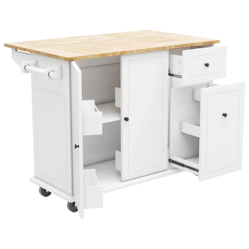 53.9 in. W Kitchen Island with Drop-Leaf Countertop, 5 Wheels, Internal Storage Rack and 3-Tier Pull-Out Cabinet