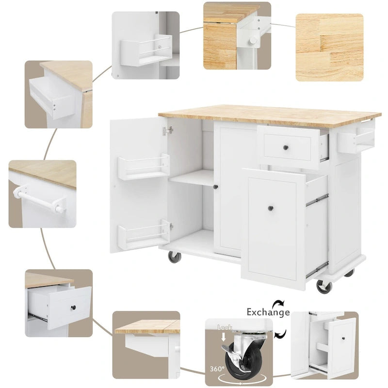 53.9 in. W Kitchen Island with Drop-Leaf Countertop, 5 Wheels, Internal Storage Rack and 3-Tier Pull-Out Cabinet