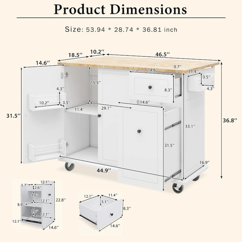 53.9 in. W Kitchen Island with Drop-Leaf Countertop, 5 Wheels, Internal Storage Rack and 3-Tier Pull-Out Cabinet