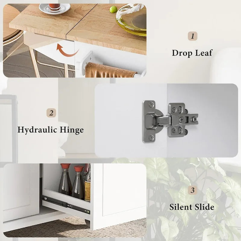 53.9 in. W Kitchen Island with Drop-Leaf Countertop, 5 Wheels, Internal Storage Rack and 3-Tier Pull-Out Cabinet