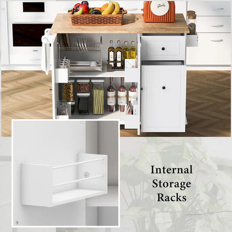 53.9 in. W Kitchen Island with Drop-Leaf Countertop, 5 Wheels, Internal Storage Rack and 3-Tier Pull-Out Cabinet