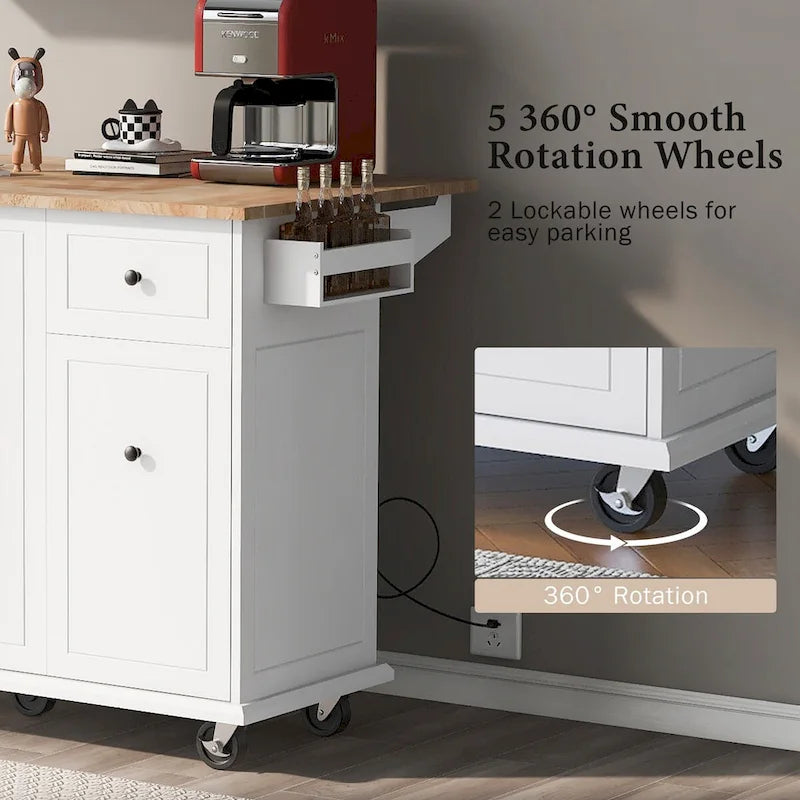 53.9 in. W Kitchen Island with Drop-Leaf Countertop, 5 Wheels, Internal Storage Rack and 3-Tier Pull-Out Cabinet