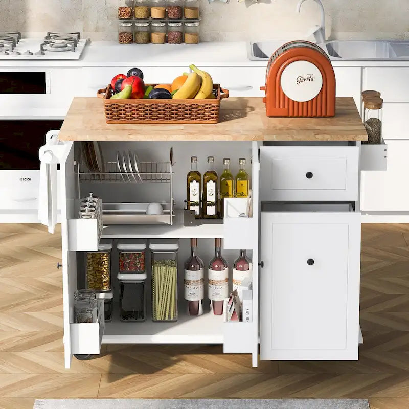 53.9 in. W Kitchen Island with Drop-Leaf Countertop, 5 Wheels, Internal Storage Rack and 3-Tier Pull-Out Cabinet