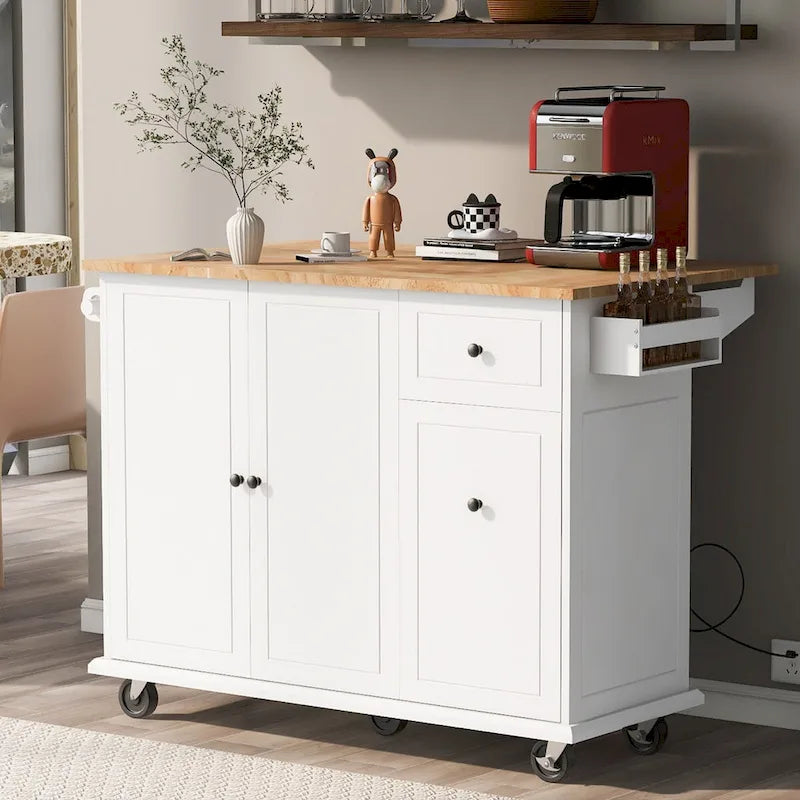53.9 in. W Kitchen Island with Drop-Leaf Countertop, 5 Wheels, Internal Storage Rack and 3-Tier Pull-Out Cabinet